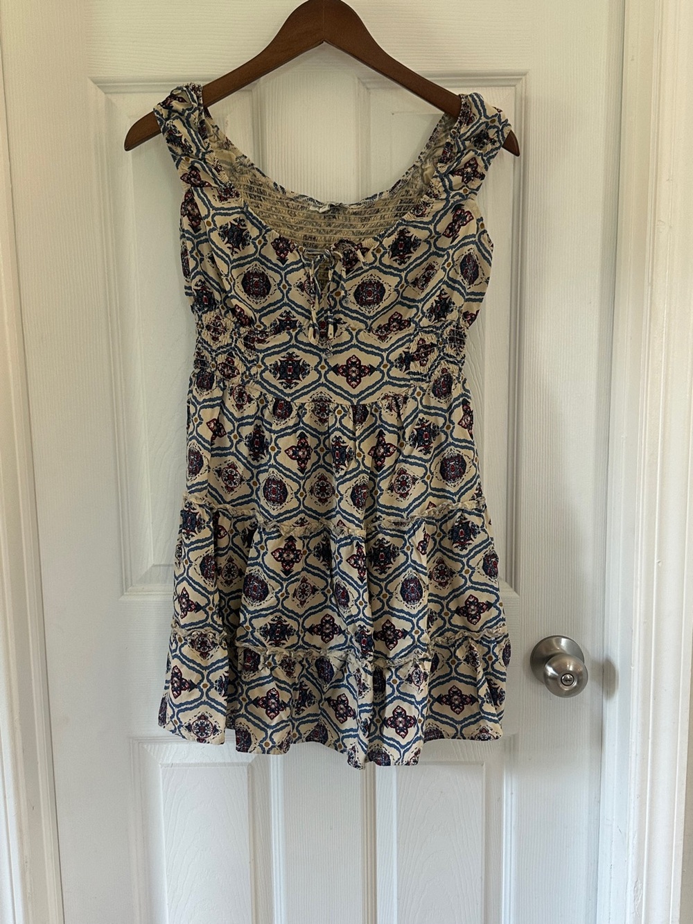 Cream Patterned Tiered Mini Dress with Smocked Neckline